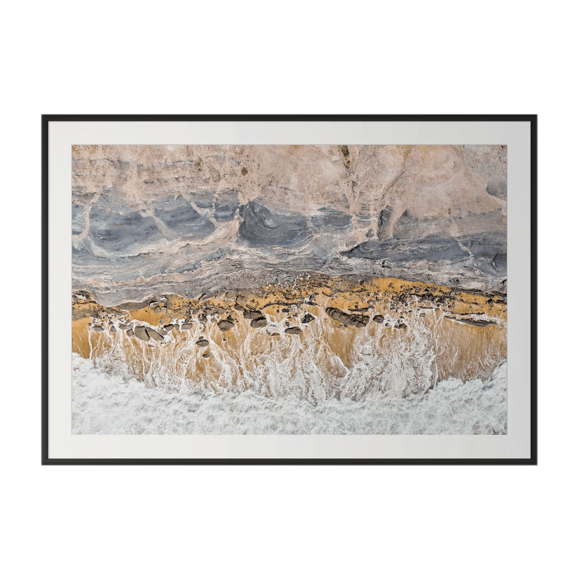Aerial view of ocean waves crashing onto a sandy shore in "EXHALE," framed with museum-grade framing—a stunning piece of luxury coastal décor. - The Coastal Edit Australia