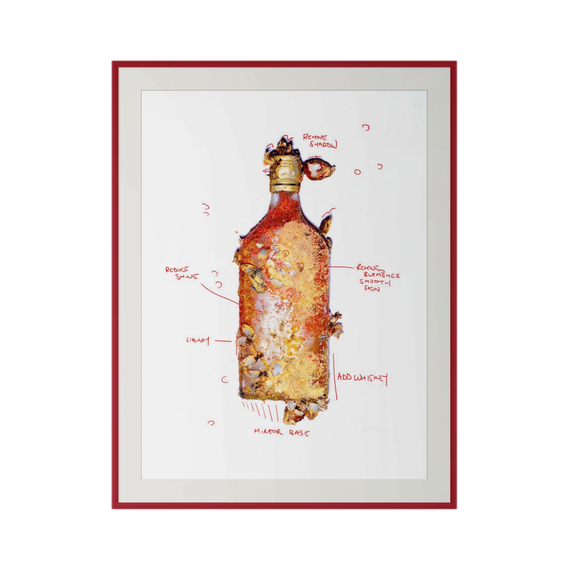 THE AUDIT is a limited edition fine art print featuring a framed illustration of a rusty, barnacle-covered bottle with handwritten red notes and arrows, labelled with terms like “Rough Surface” and “Major Base,” set on white in a bold red frame. - The Coastal Edit Australia