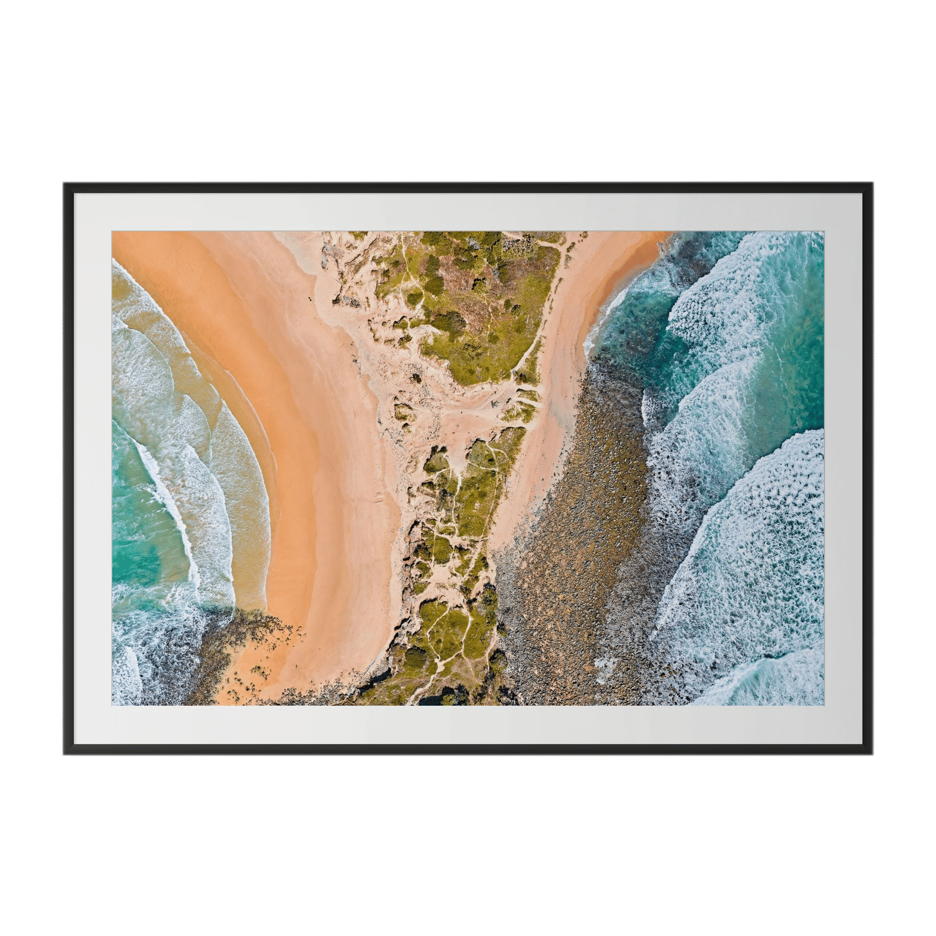 BIFURCATE: A stunning Australian aerial photo capturing a sandy beach, ocean waves, and rocky green terrain, framed in black and white—perfect as large-scale statement art. - The Coastal Edit Australia
