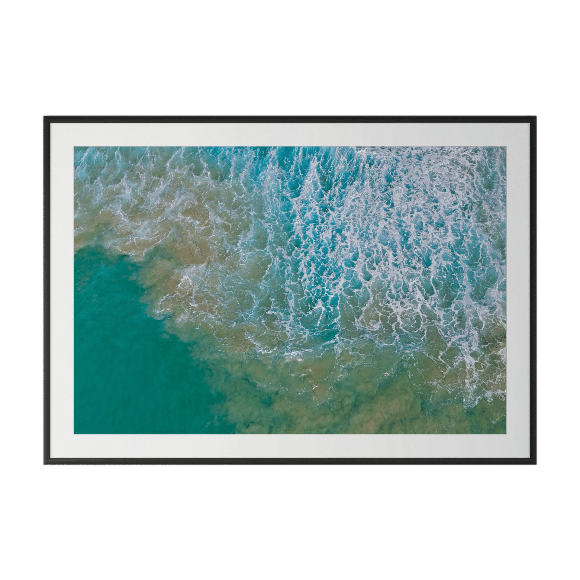 PULSE is a limited edition framed aerial photo capturing ocean waves, swirling turquoise water, white foam, and sandy textures—ideal as large-scale statement art for any room. - The Coastal Edit Australia