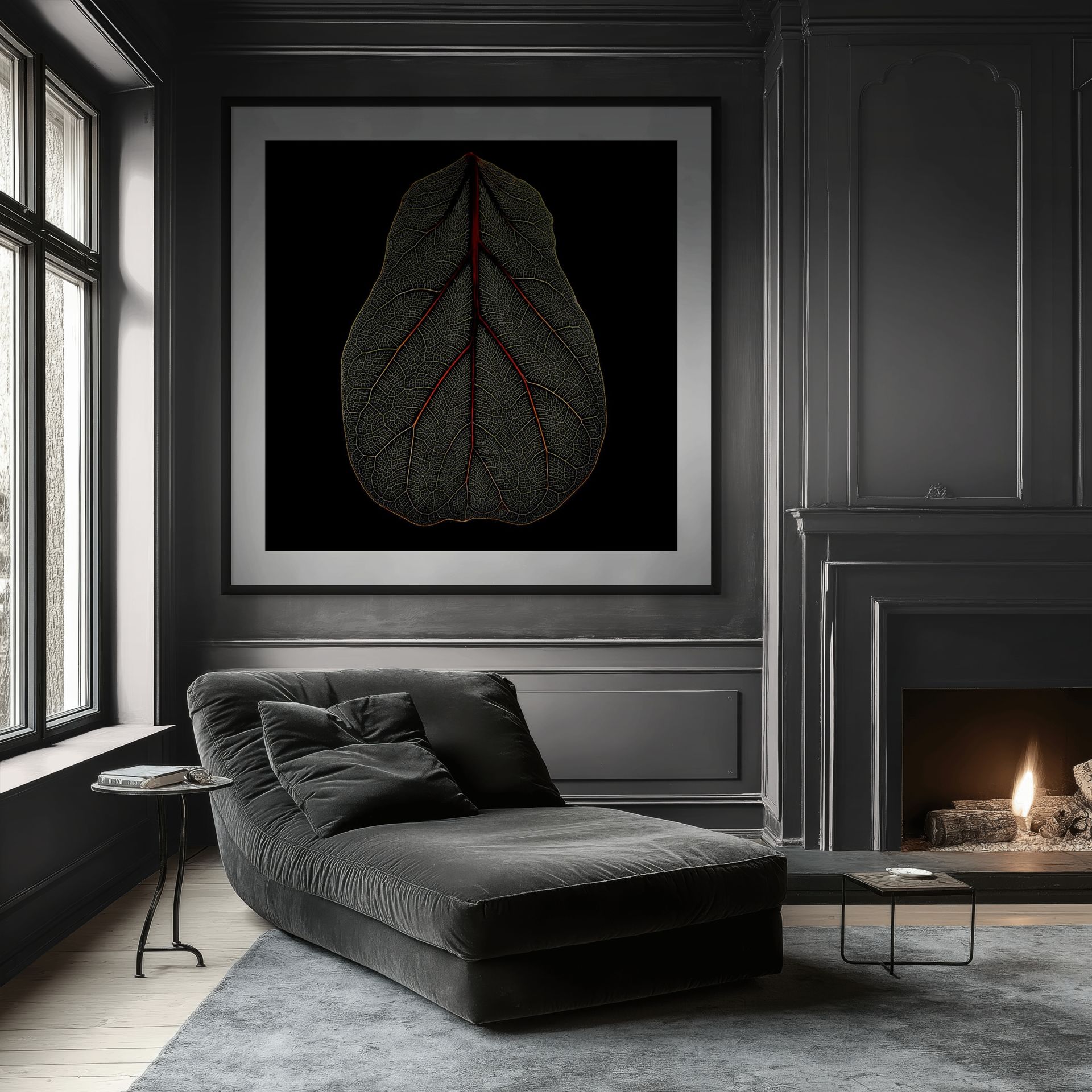 A modern living room features a plush black chaise, low table, fireplace, and VENATION—a limited-edition large framed artwork of a red-veined leaf on black—perfect as striking wall art above the mantelpiece. - The Coastal Edit Australia