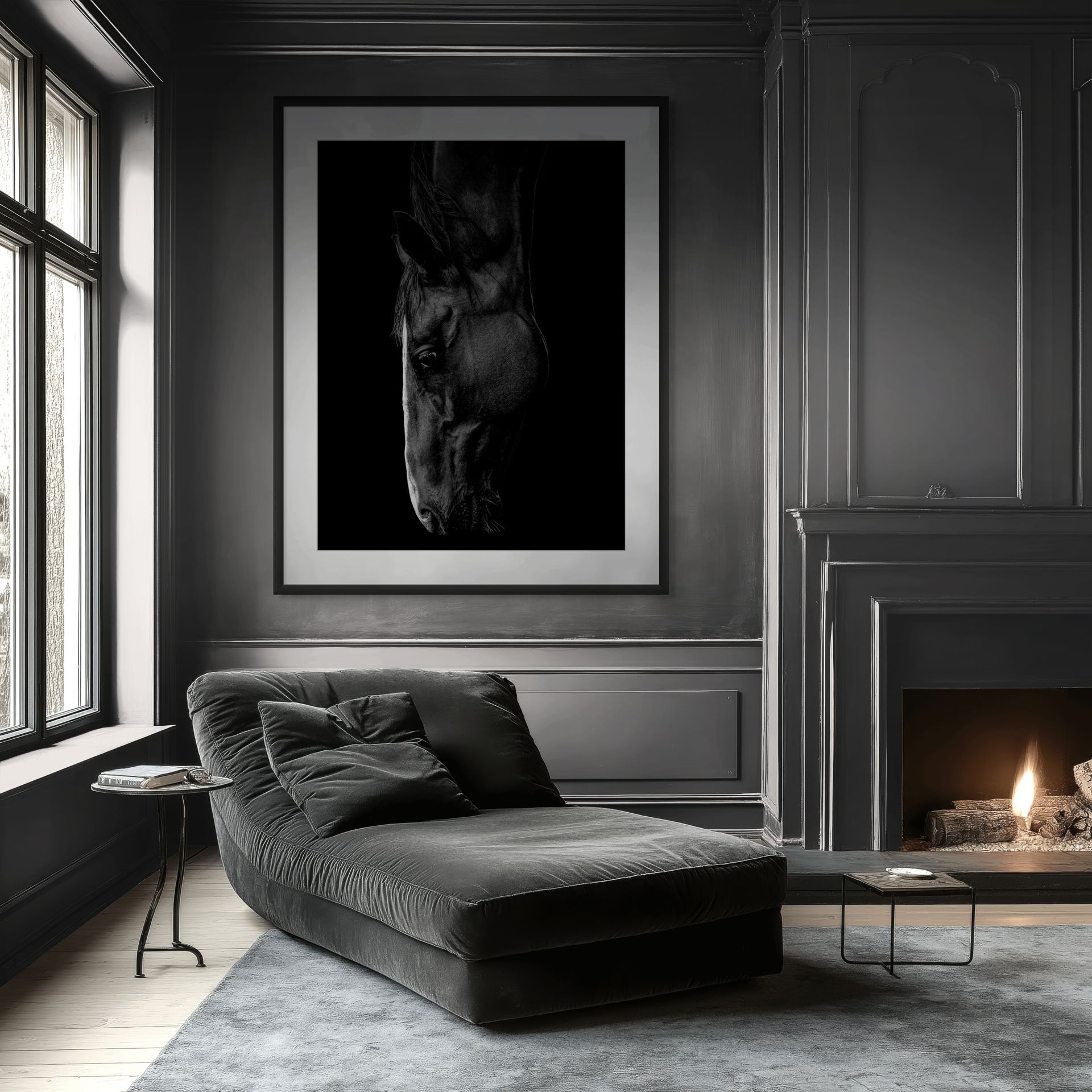A modern, dark-toned living room features the sleek SENTIENCE chaise longue, a fireplace with a small fire, large windows, and striking statement art featuring Australian black-and-white horse photography above the lounge. - The Coastal Edit Australia