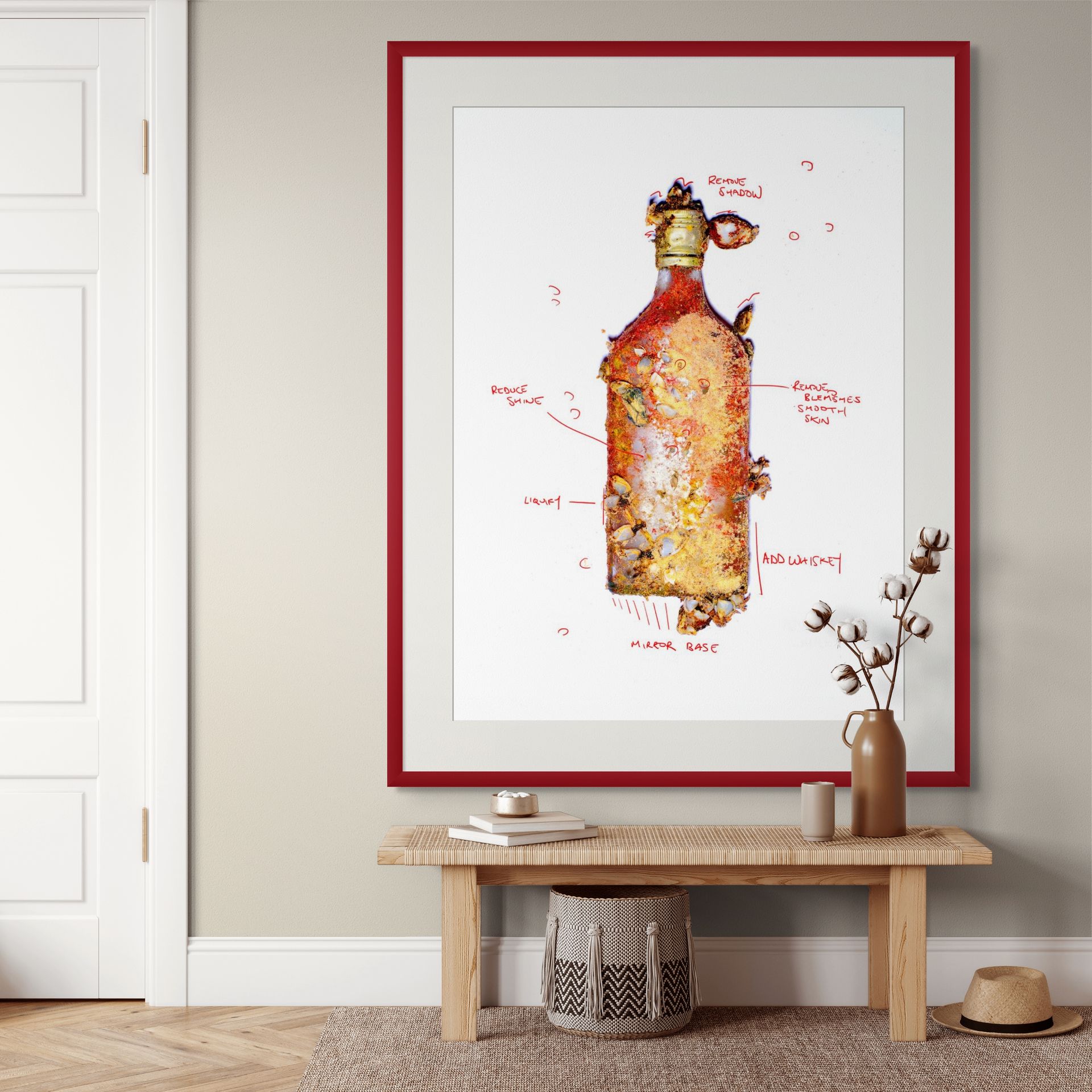 A framed Australian photo print, THE AUDIT, showcases a bottle with handwritten labels above a wooden bench. This neutral, minimalist luxury coastal wall art elevates any space as a stylish interior design centrepiece. - The Coastal Edit Australia