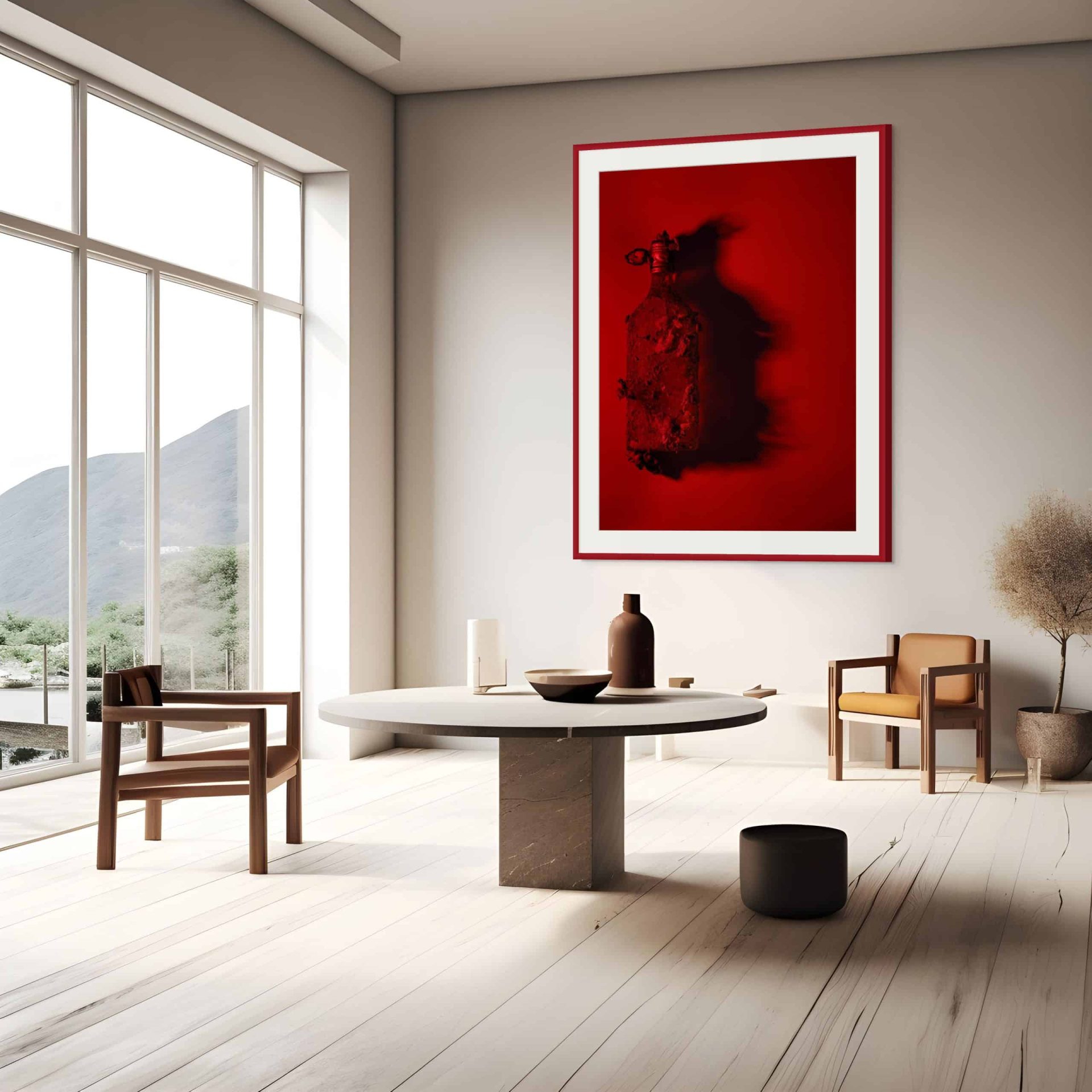 A modern, minimalist living room with light wood floors, large windows, neutral furniture, and SANGUINE statement art framed on the wall. Natural light fills the space, with mountain views outside. - The Coastal Edit Australia
