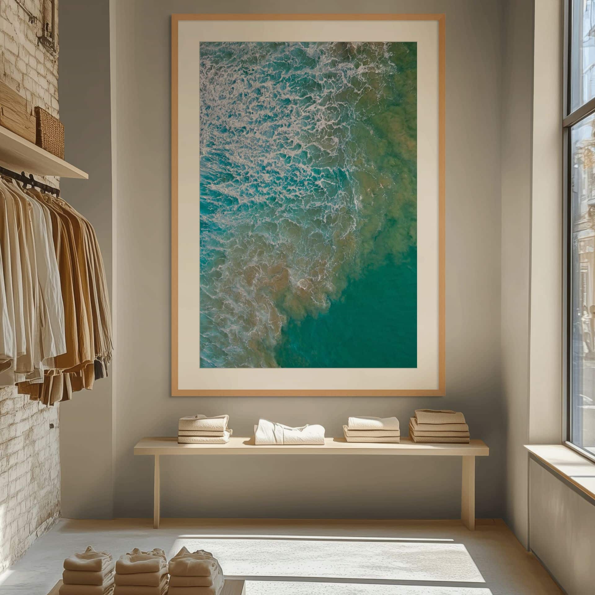 A large framed limited edition fine art aerial photo, PULSE, featuring ocean waves, hangs above a wooden bench with folded towels in a minimalist sunlit room with clothing hanging to the left. - The Coastal Edit Australia