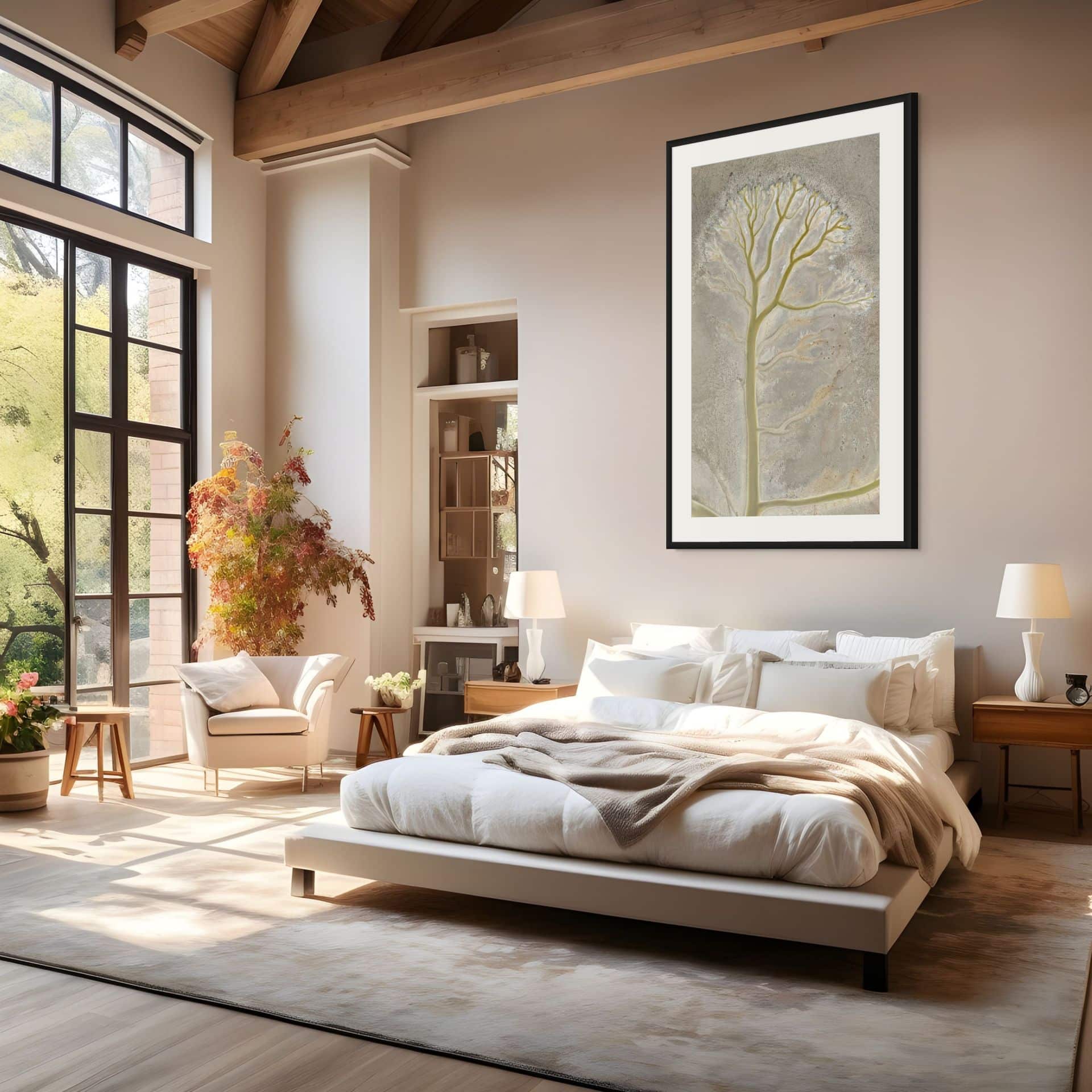 Featuring the ARBOR bed, this modern bedroom showcases neutral bedding, wooden accents, large windows for ample natural light, statement artwork above the bed, and lush plants to create a serene and inviting space. - The Coastal Edit Australia