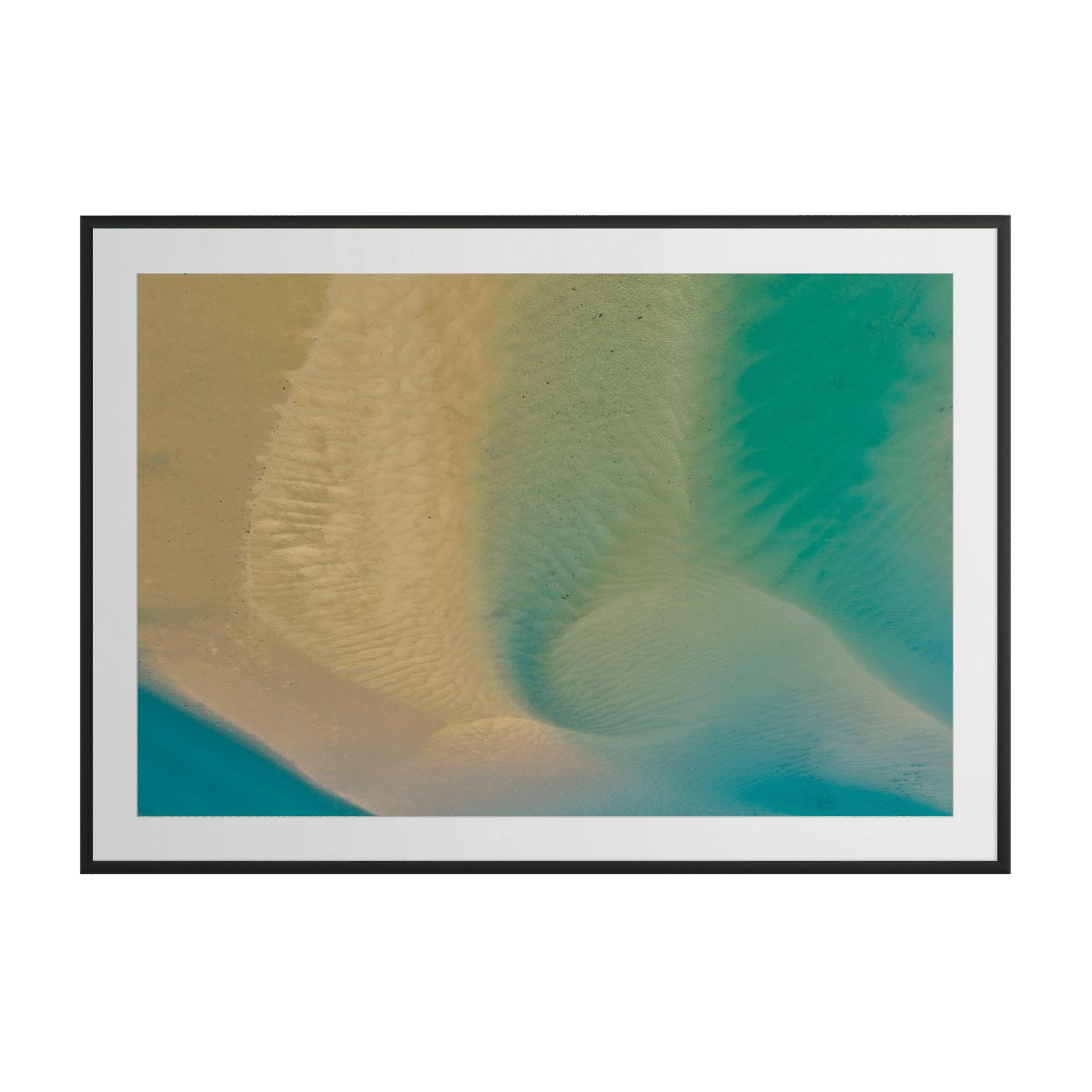 CONFLUENCE: A framed aerial photograph of a sandy shoreline and turquoise water. Minimal gradients create an abstract, luxurious look—ideal coastal décor or statement art for sophisticated interiors. - The Coastal Edit Australia