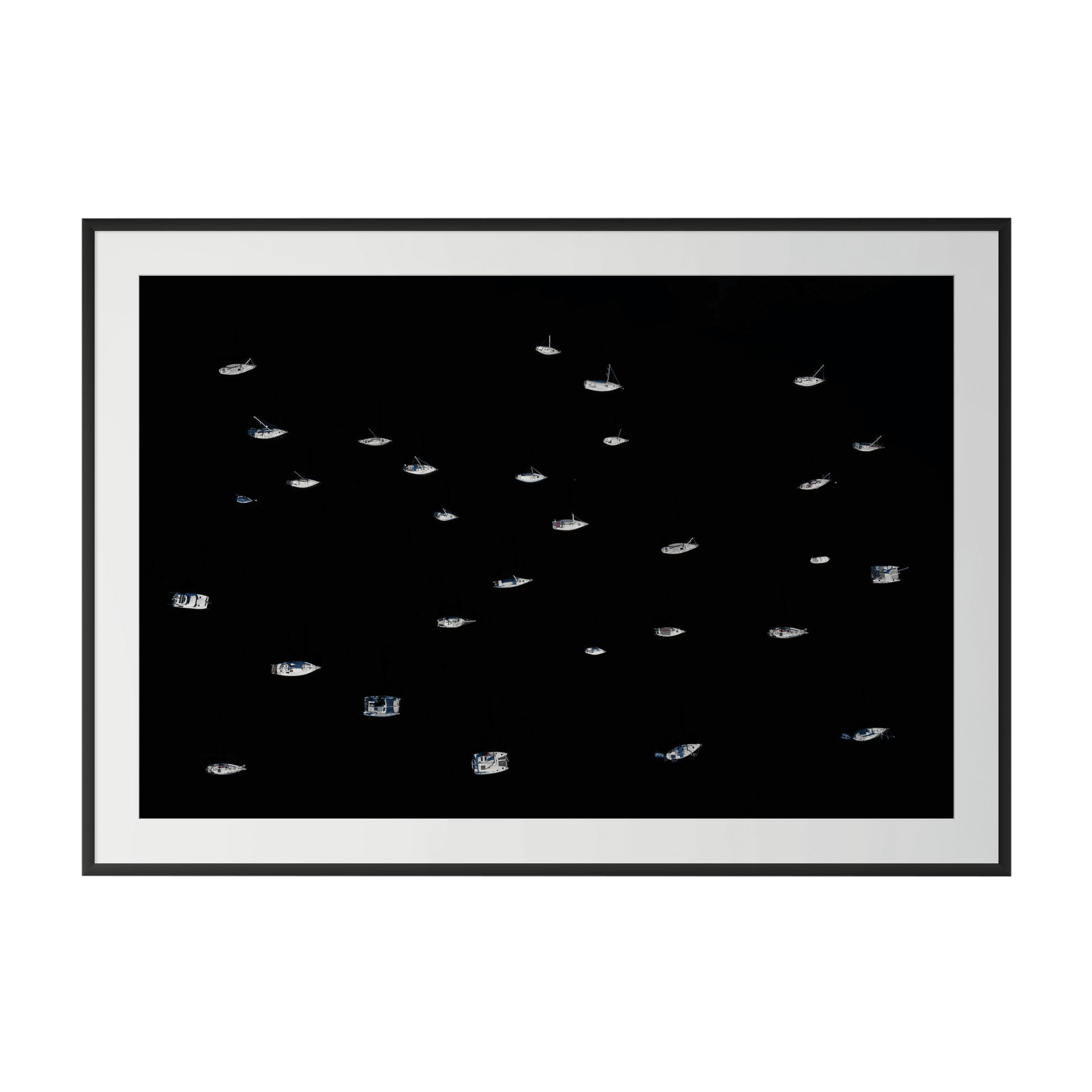 CELESTIAL is a framed limited edition fine art piece featuring a black background with scattered small white and blue boat-like shapes in an abstract, minimalist composition. - The Coastal Edit Australia