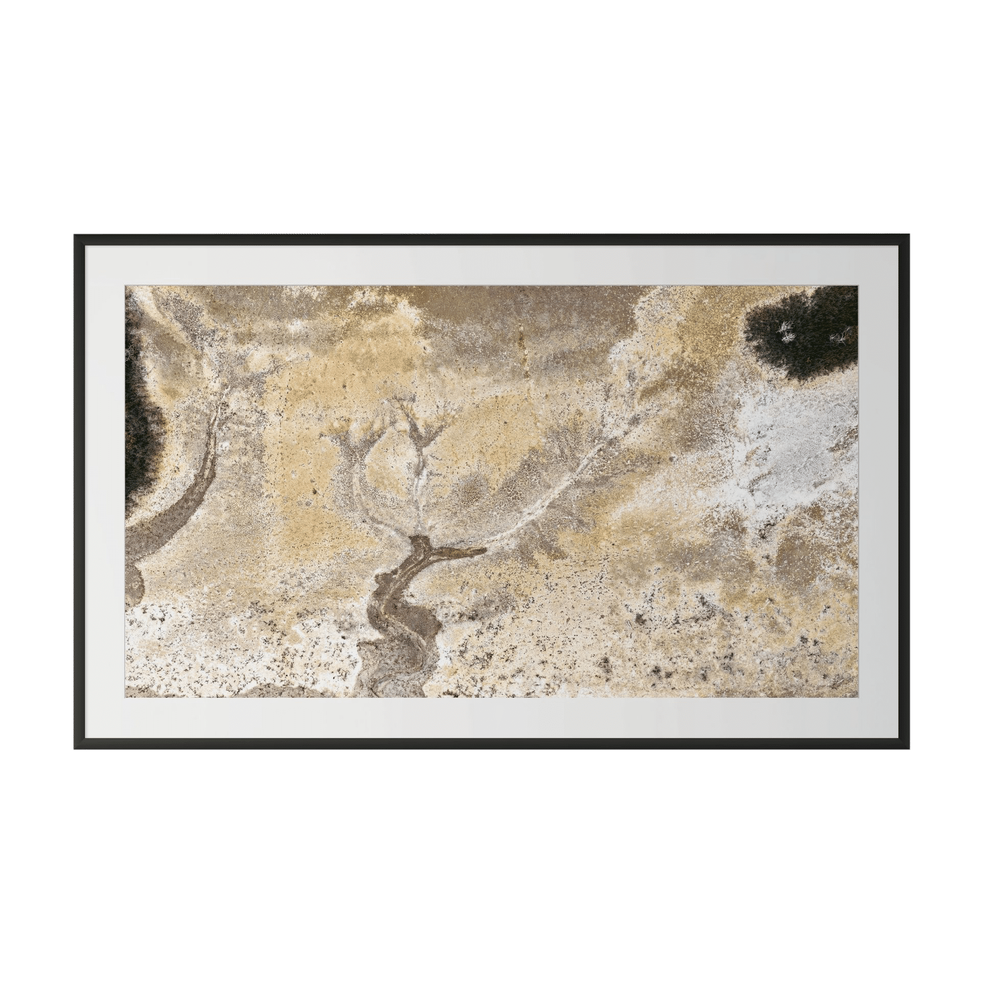 TENDRIL is a framed abstract artwork with earthy beige, brown, and white tones. Its textured, organic shapes evoke a landscape from above—ideal as luxury coastal décor or sophisticated wall art for modern interiors. - The Coastal Edit Australia