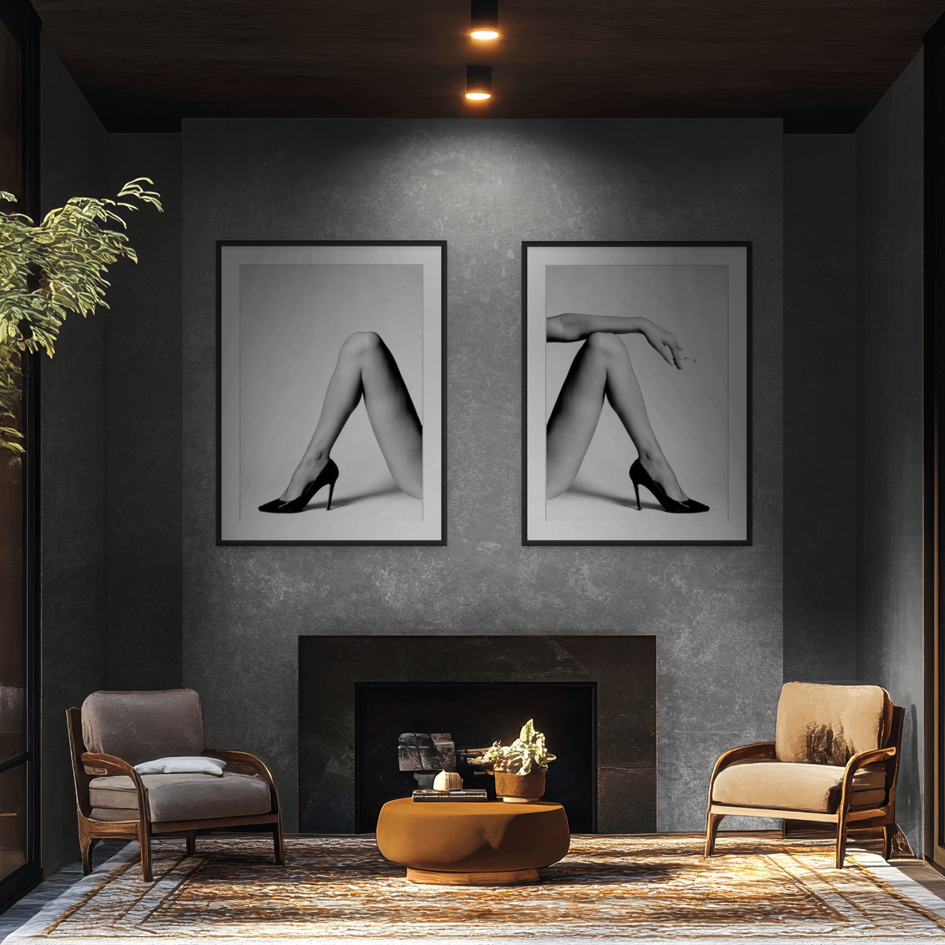 A modern living room featuring THE RIGHT—two armchairs, a round ottoman, and a fireplace. Above the mantelpiece hang two framed black-and-white photos of legs in high heels. Warm lighting and a potted plant complete the inviting scene. - The Coastal Edit Australia