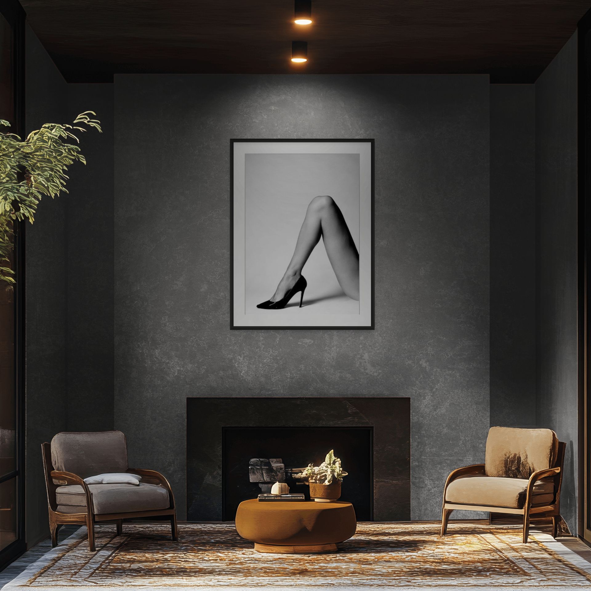 A modern living room with two armchairs, a round pouffe, a small coffee table, and a fireplace. Above the fireplace hangs “THE RIGHT”, a black-and-white photo of a woman’s legs in high heels. - The Coastal Edit Australia